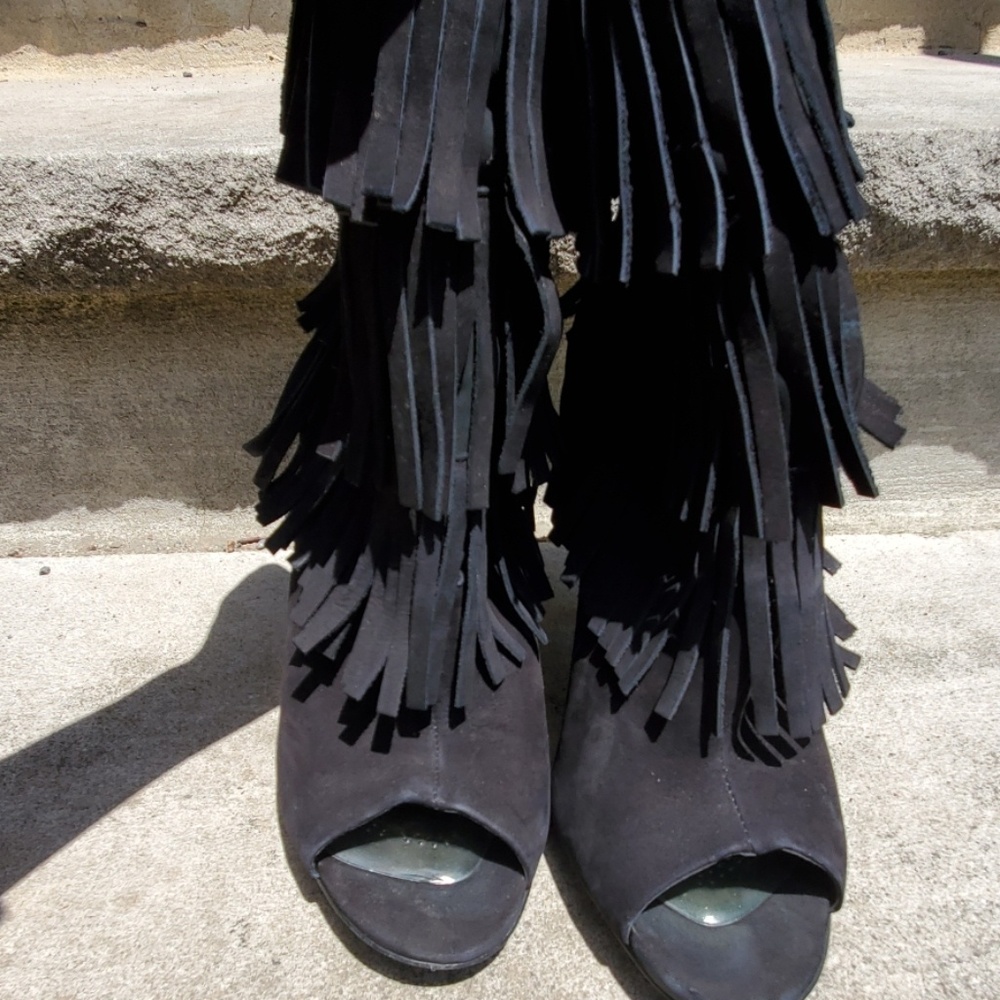 Black fringe booties